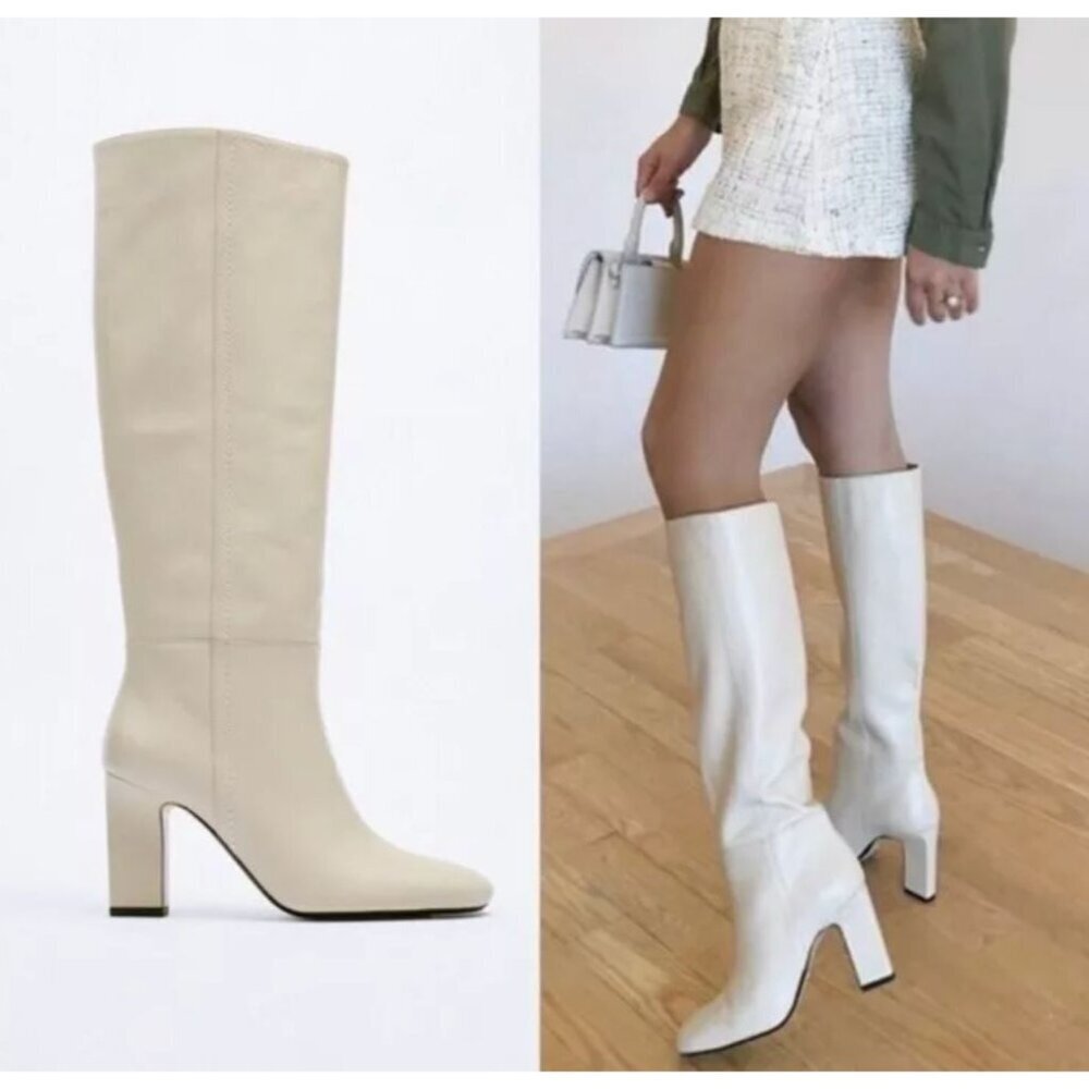 Zara Knee High Leather Boots US 6.5 EU 37 Capsule Go Go Cream Blogger Fave - Picture 2 of 12